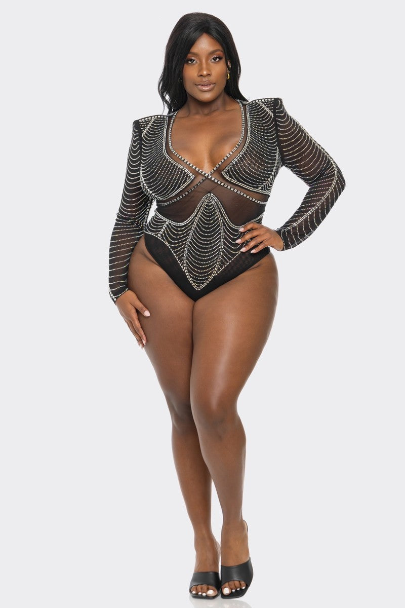 Banjul Bodysuits Plus Size Glam Rhinestone Fishnet Bodysuit -Black