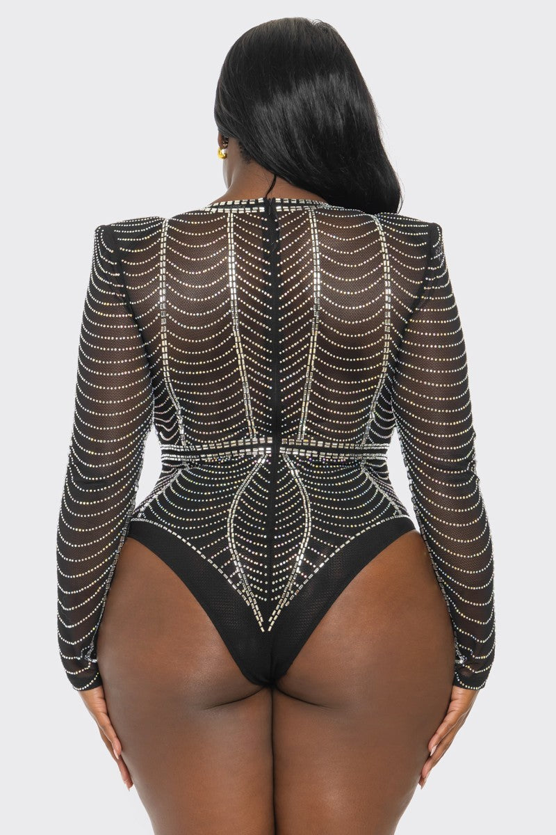 Banjul Bodysuits Plus Size Glam Rhinestone Fishnet Bodysuit -Black