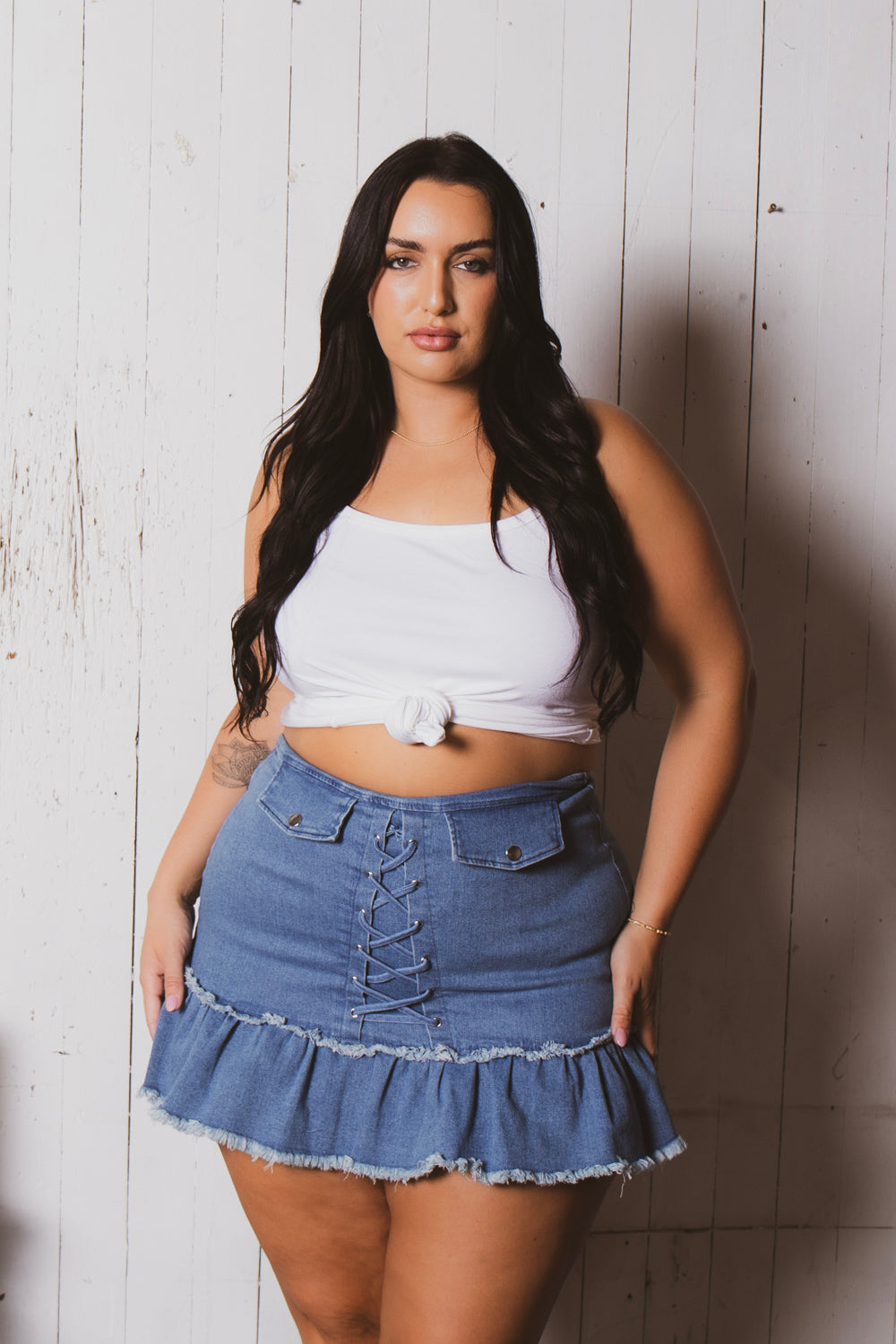 Women's Plus Size Lace up Denim Mini Skort - Blue - Curvy Sense Women's Plus Size Lace up Denim Mini Skort - Blue - Curvy Sense