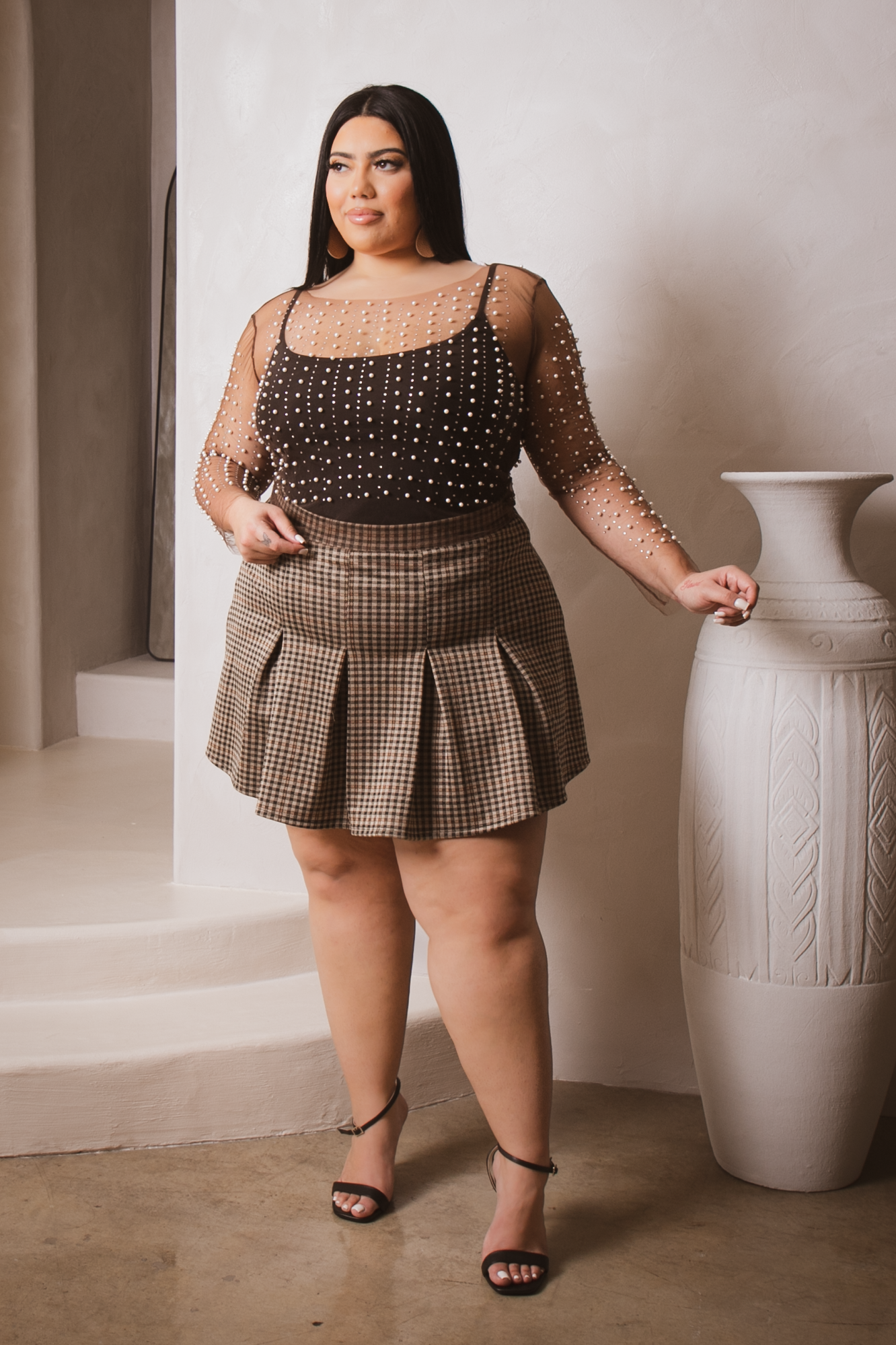 Women's Plus Size Naleah Pleated Skirt- Mocha - Curvy Sense