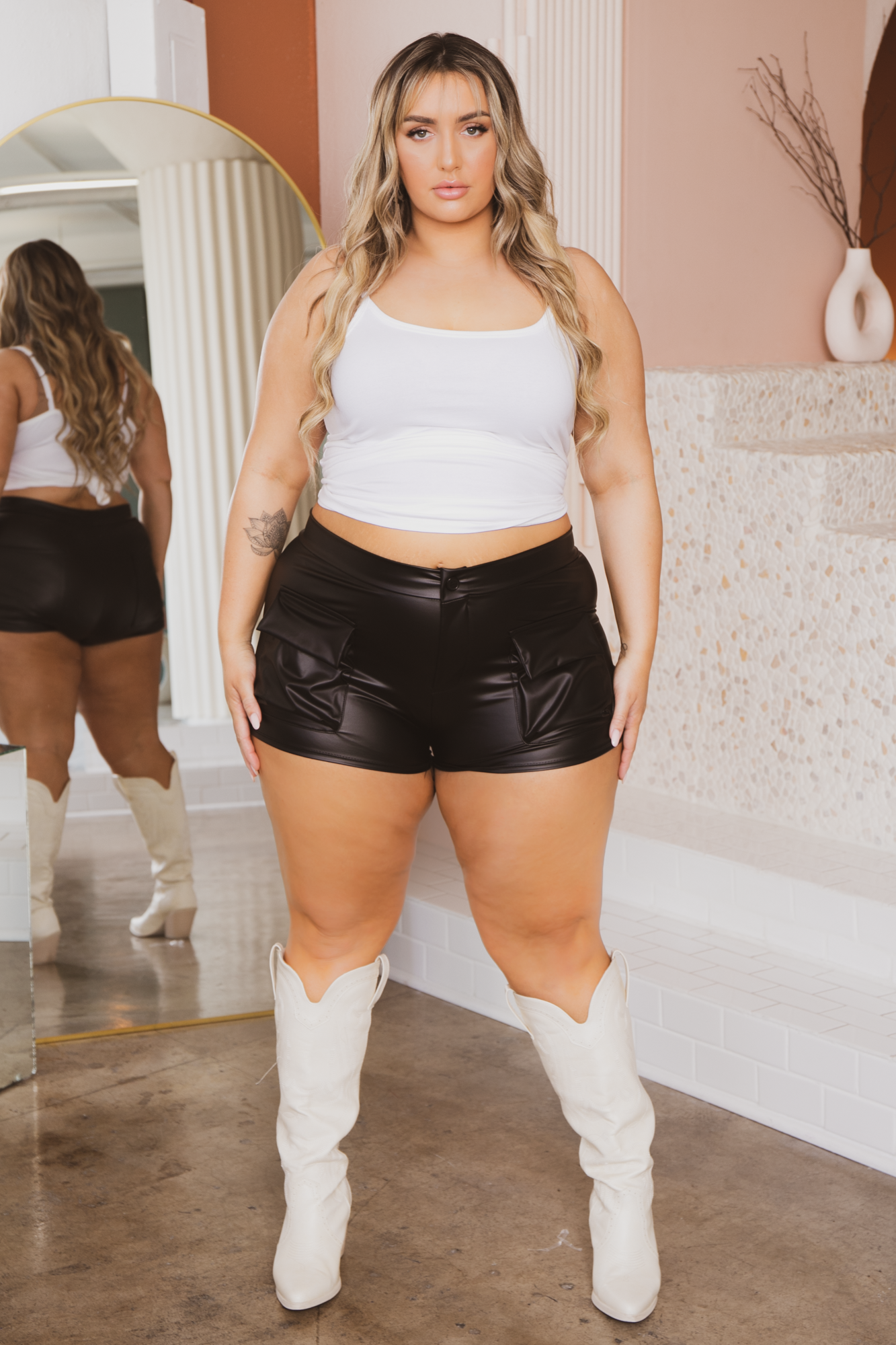 Plus Size Viola Faux Leather Cargo Shorts Black - Main Image