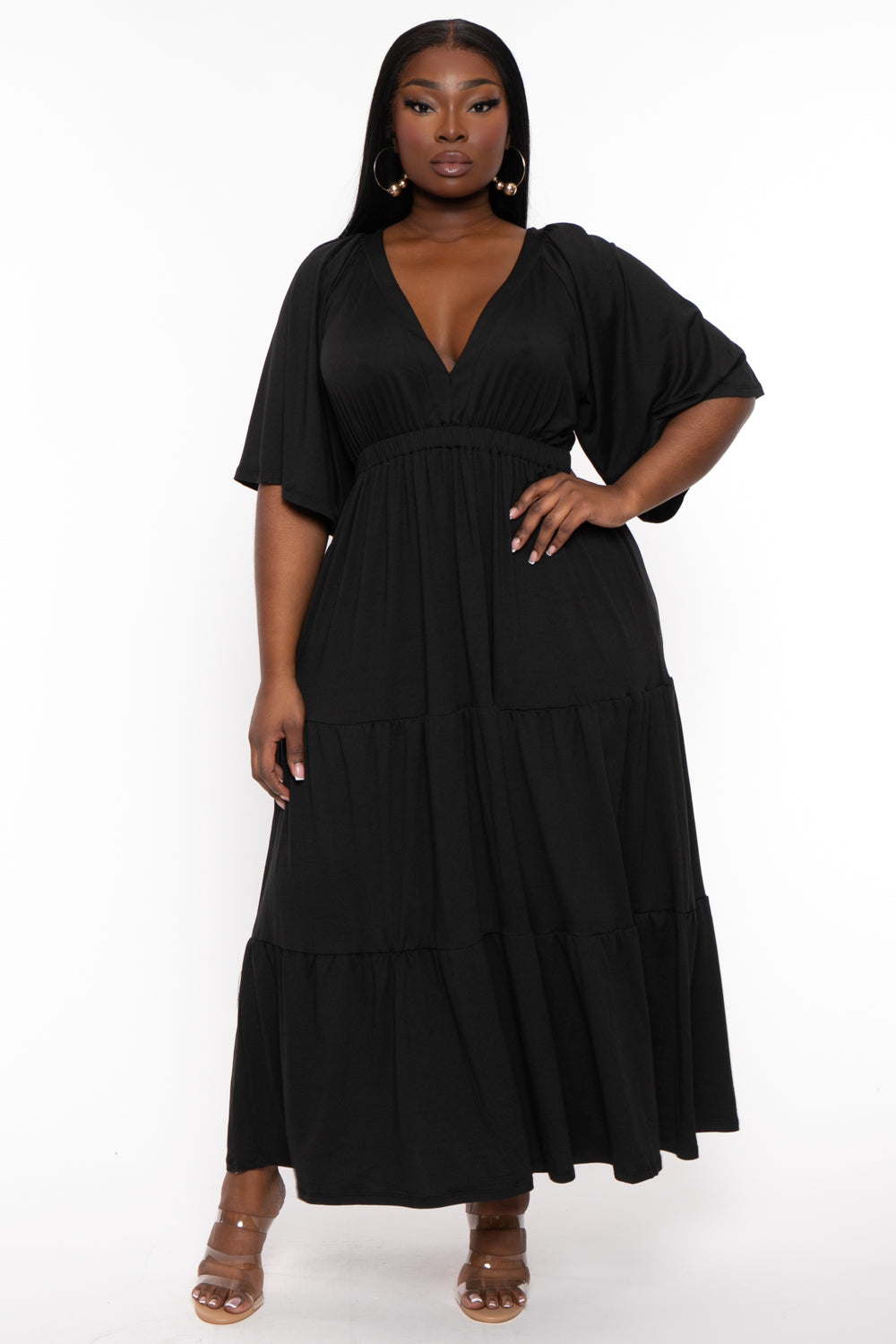 Plus Size Ariella Tiered Maxi Dress - Black 3X / Black at Curvy Sense Plus Size Ariella Tiered Maxi Dress - Black 3X / Black at Curvy Sense
