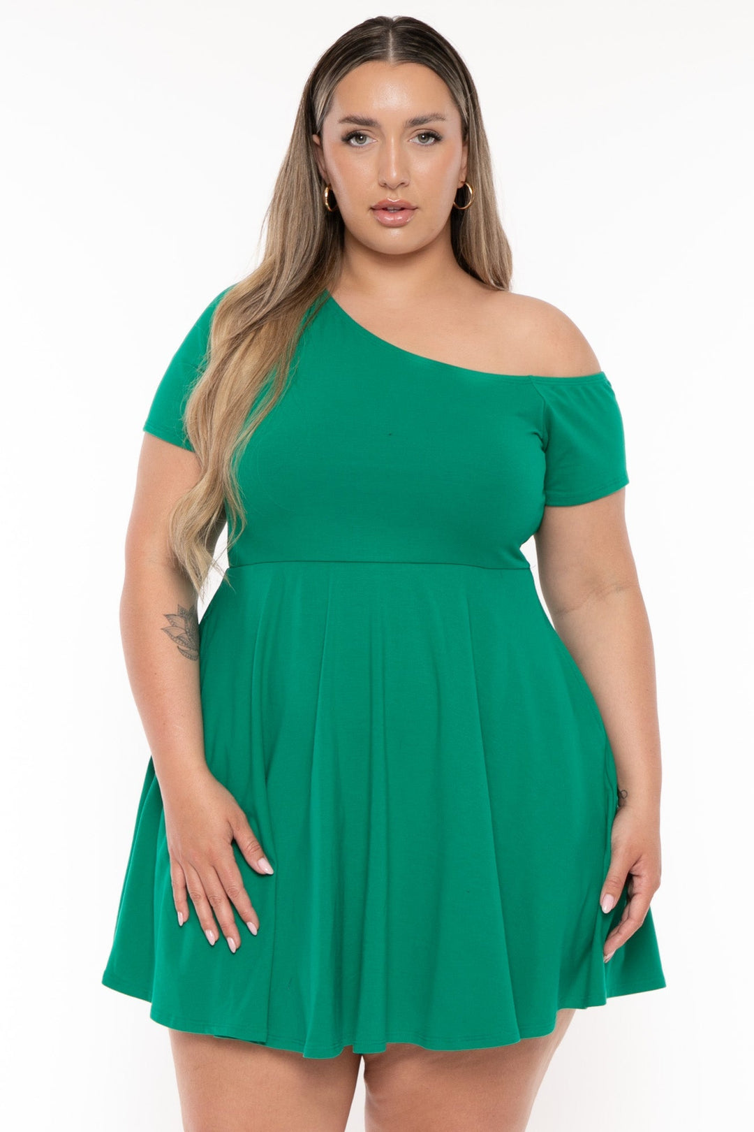 Curvy Sense Dresses Plus Size Allison One Shoulder Flare  Dress - Green
