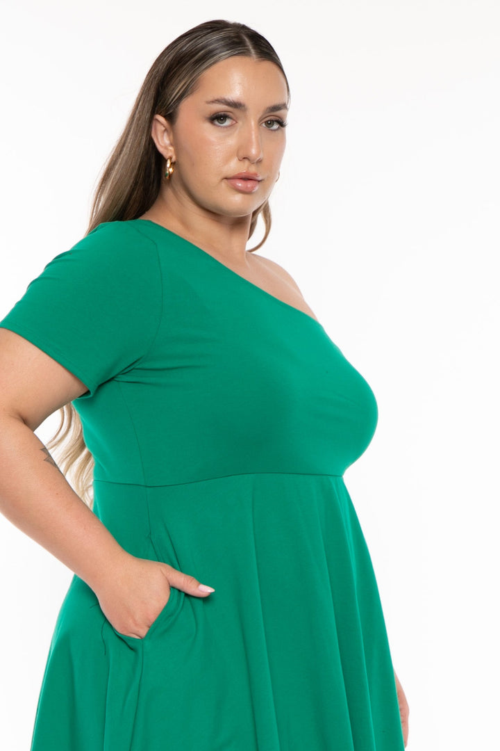 Curvy Sense Dresses Plus Size Allison One Shoulder Flare  Dress - Green