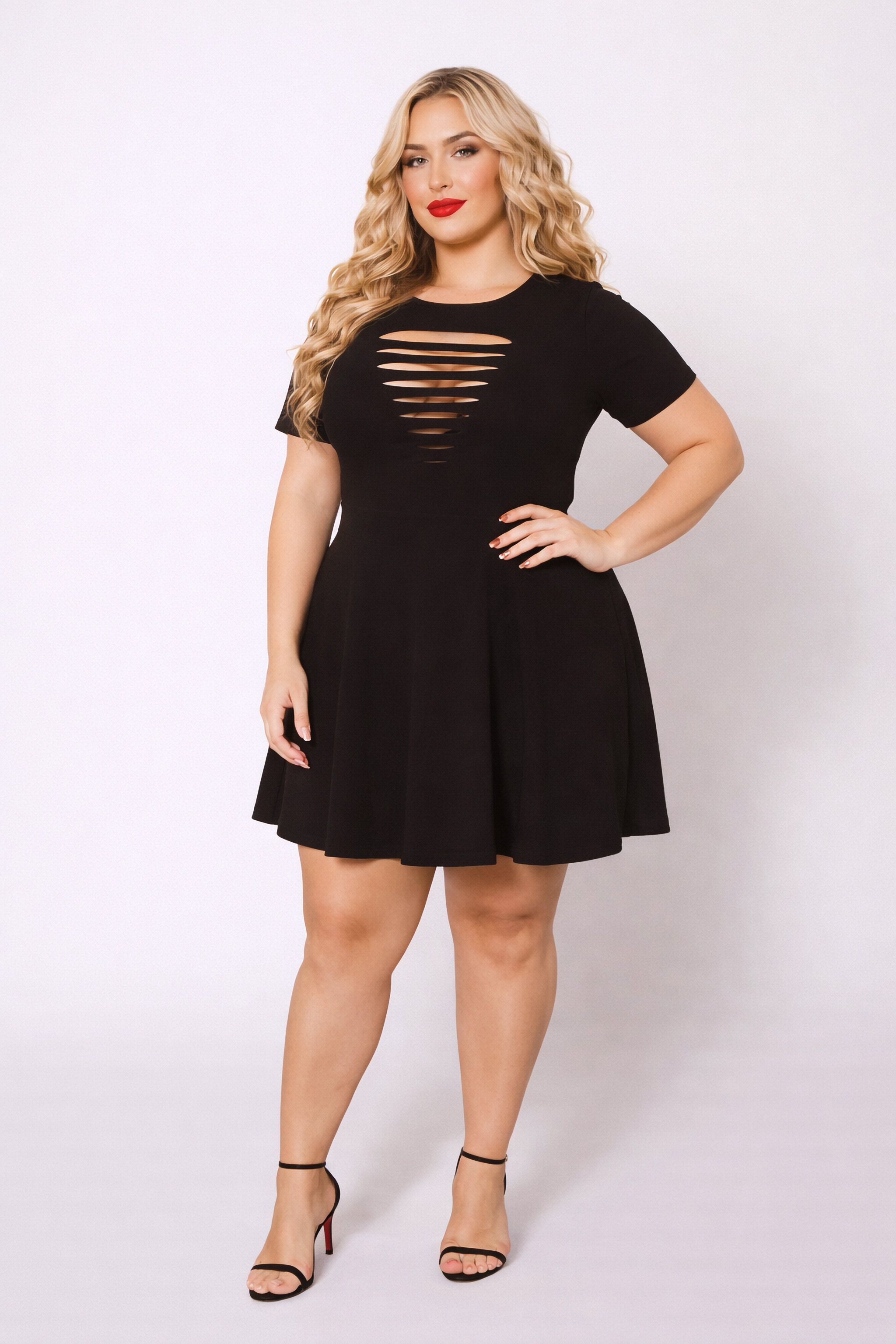 Women's Plus Size Amaira Destructed Flare Dress - Black - Curvy Sense