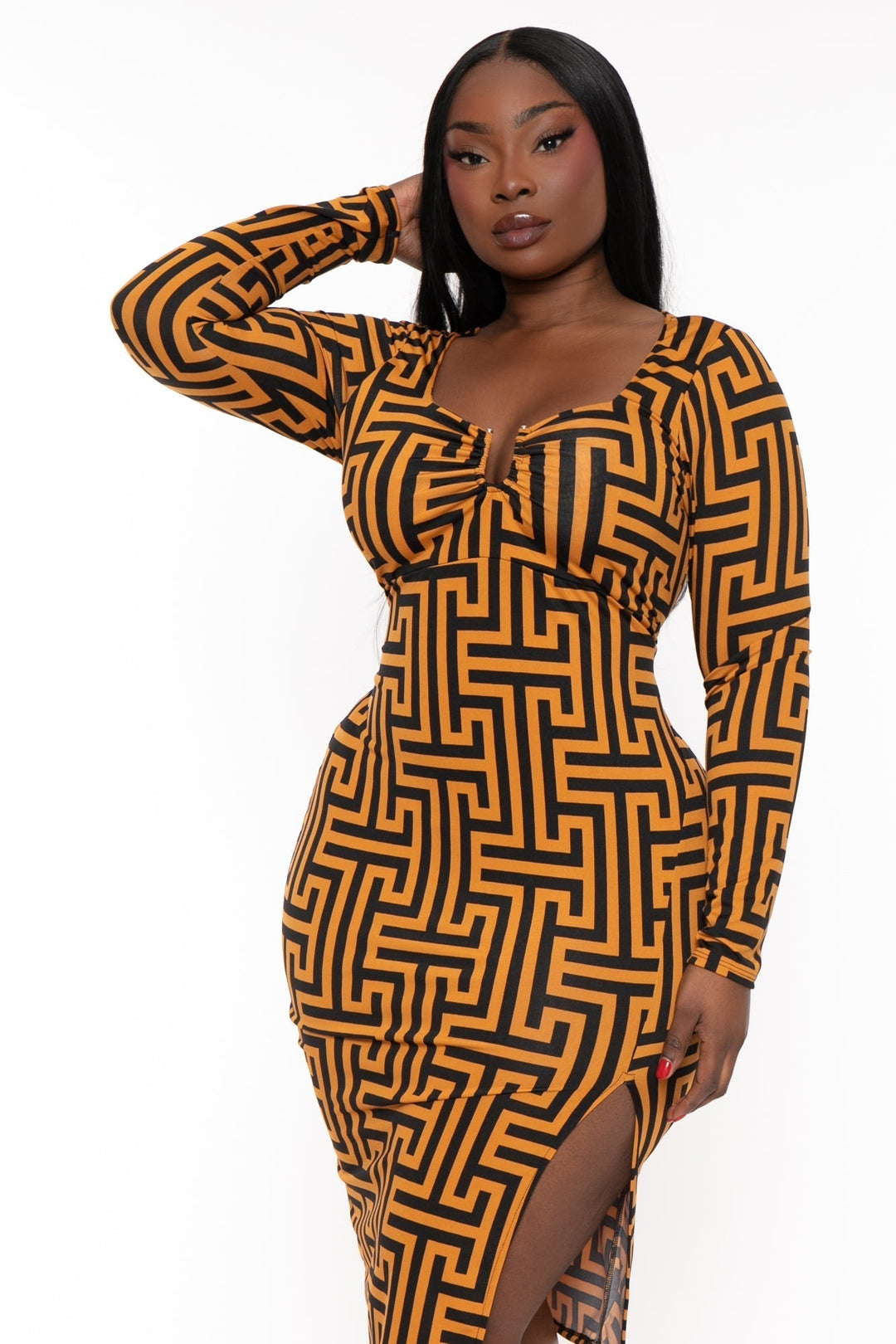 Curvy Sense Dresses Plus Size Araseli Geometric Midi Dress - Rust