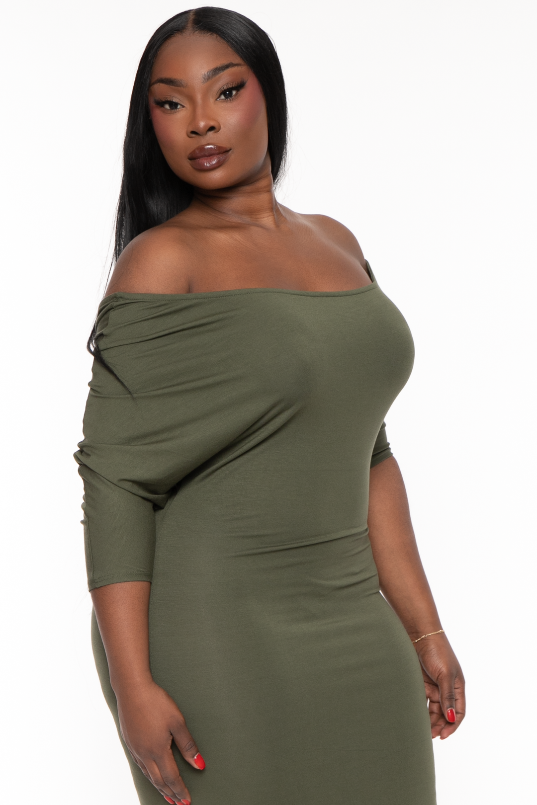 Curvy Sense Dresses Plus Size Asymmetric Knit Dress - Olive