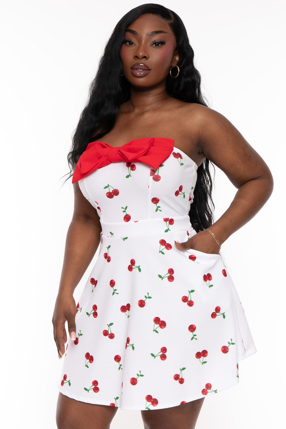 Curvy Sense Dresses Plus Size Bellamy Cherry  Flare Dress - White
