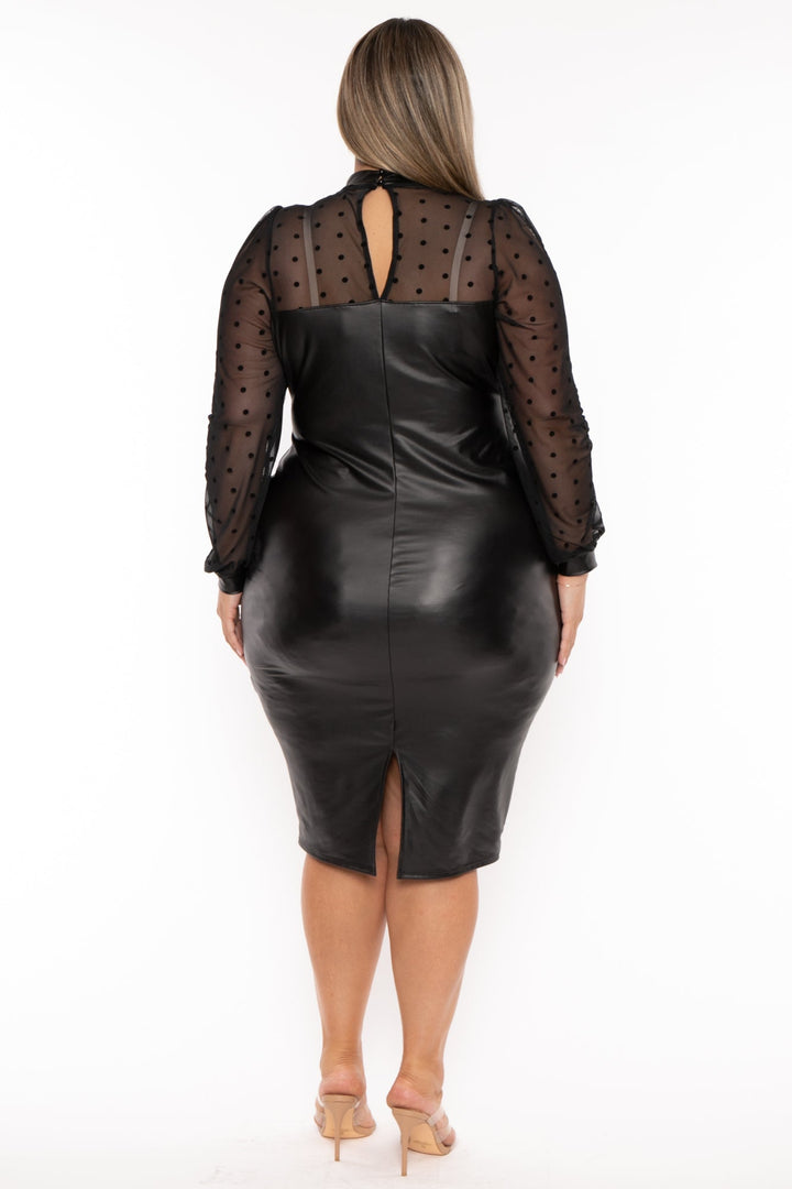 Curvy Sense Dresses Plus Size Charlotte  Faux Leather  Midi Dress -Black
