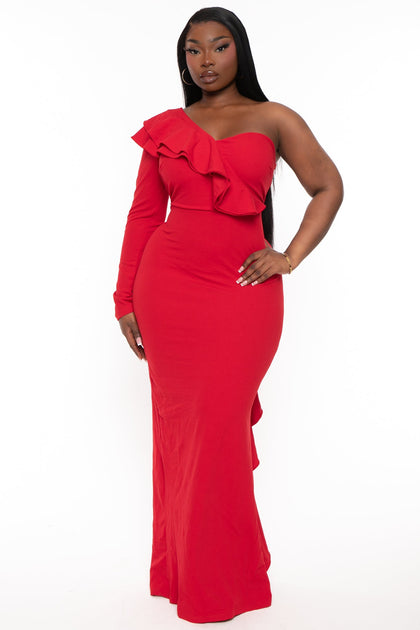 Shredded langsom søskende Plus Size Chaylin One Shoulder Maxi Gown Dress- Red – Curvy Sense