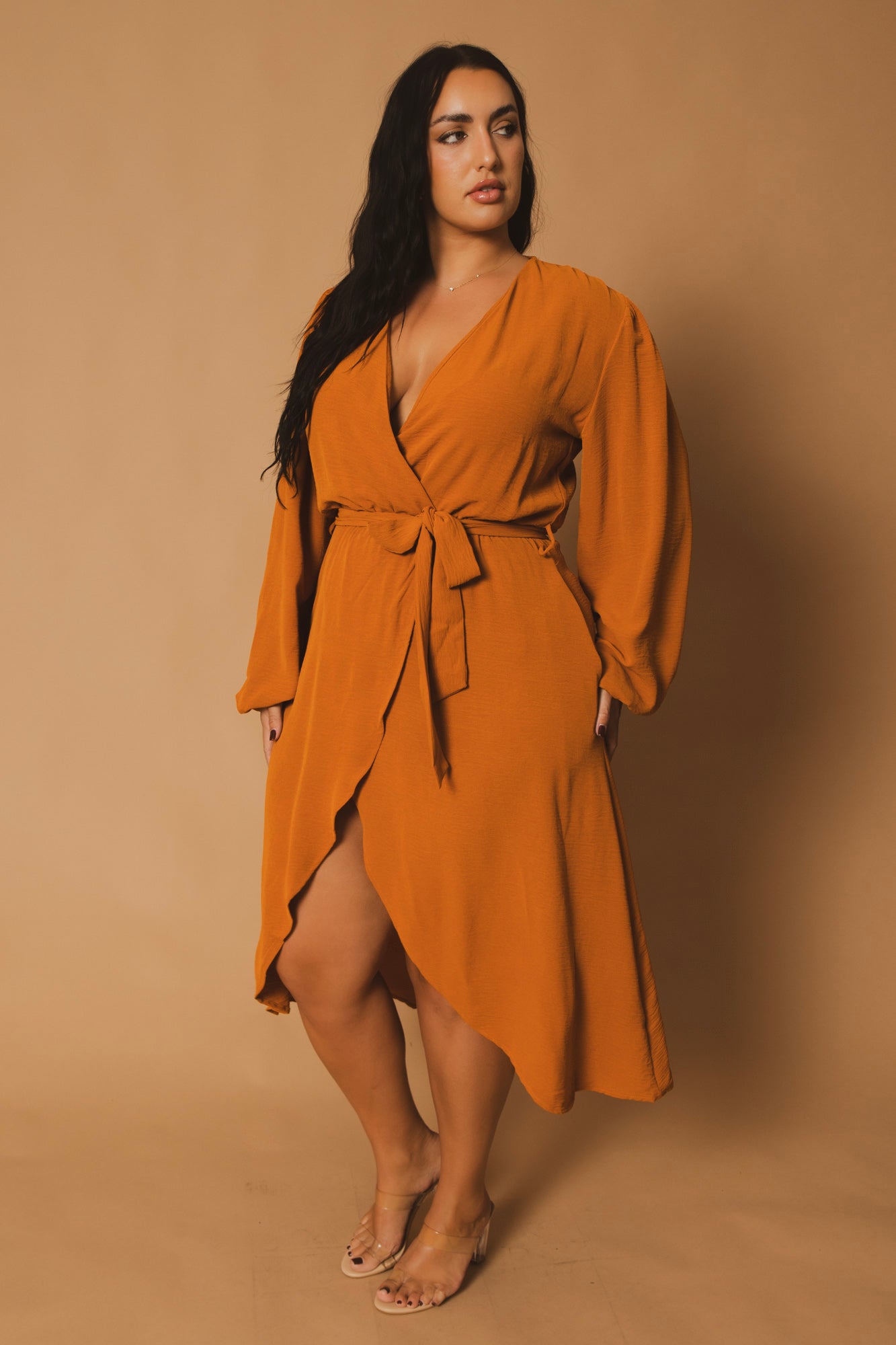 Plus Size Classic Wrap Belted Dress - Rust 3X / Rust at Curvy Sense Plus Size Classic Wrap Belted Dress - Rust 3X / Rust at Curvy Sense