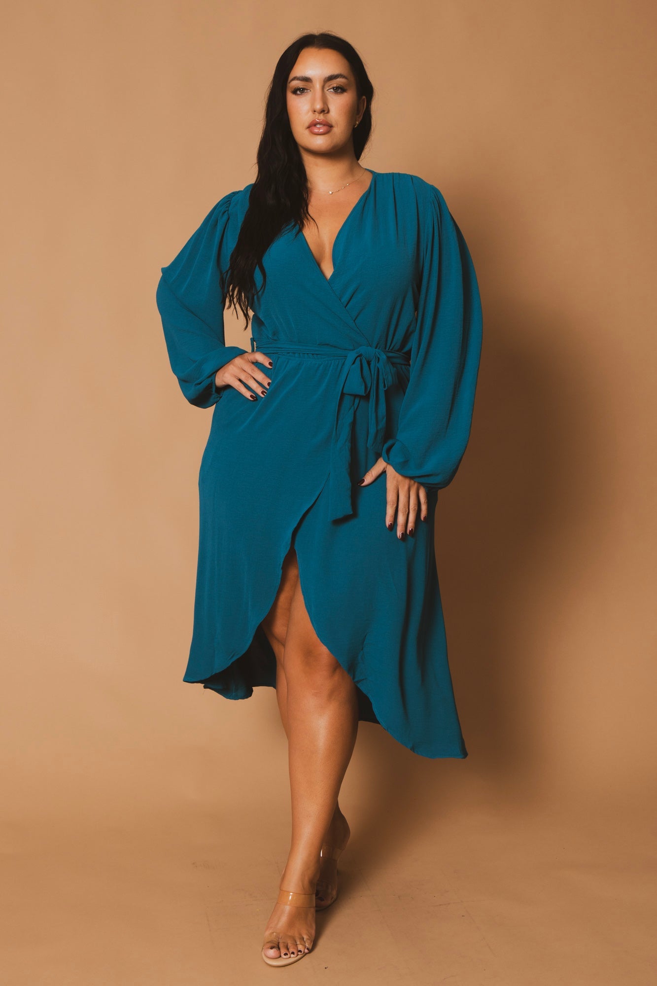 Plus Size Classic Wrap Belted Dress - Teal 1X / Teal at Curvy Sense Plus Size Classic Wrap Belted Dress - Teal 1X / Teal at Curvy Sense