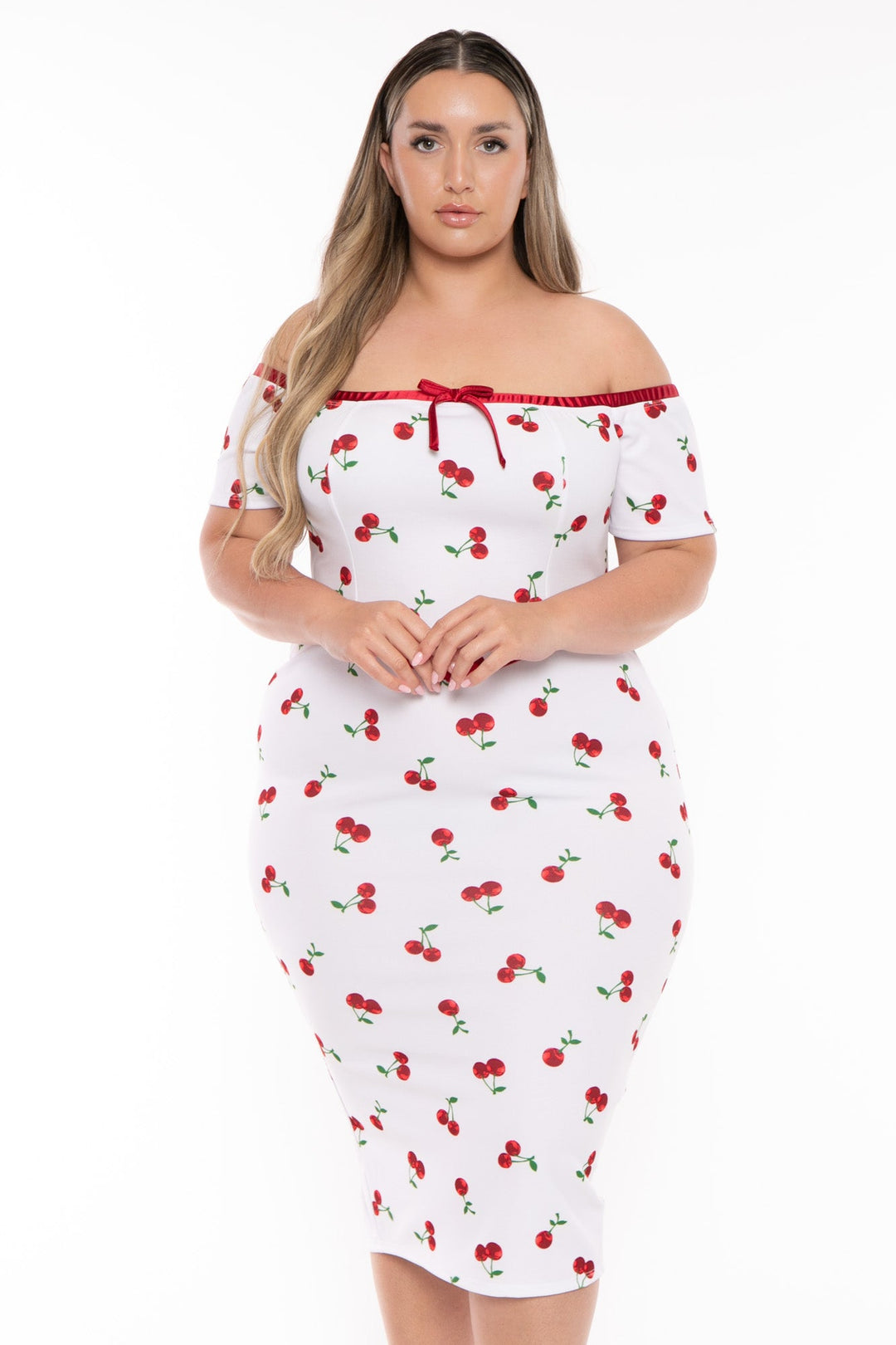 Curvy Sense Dresses Plus Size Delaide Cherry Midi Dress- White