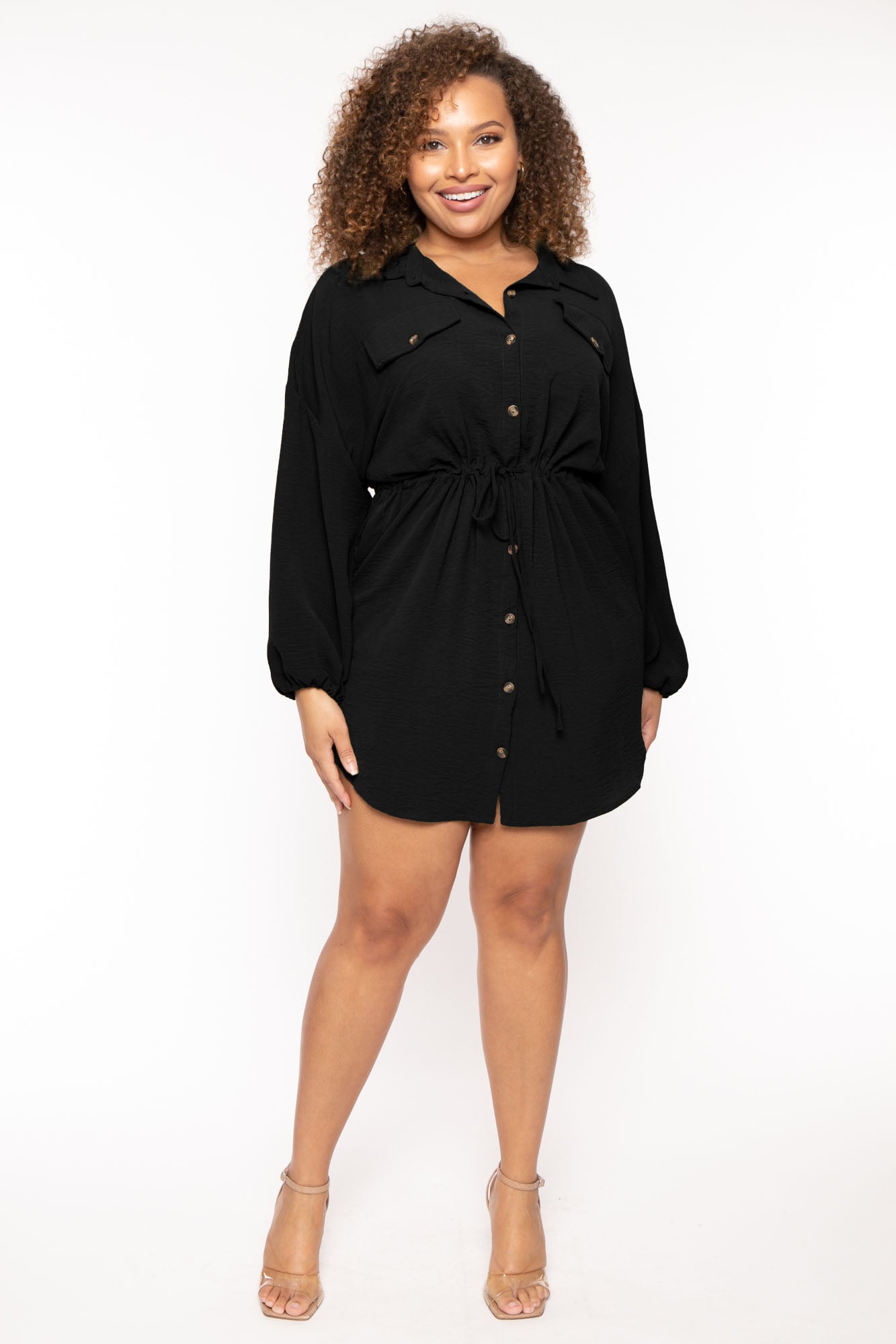 Plus Size Donnie Drawstring Shirt Dress - Black S / Black at Curvy Sense Plus Size Donnie Drawstring Shirt Dress - Black S / Black at Curvy Sense