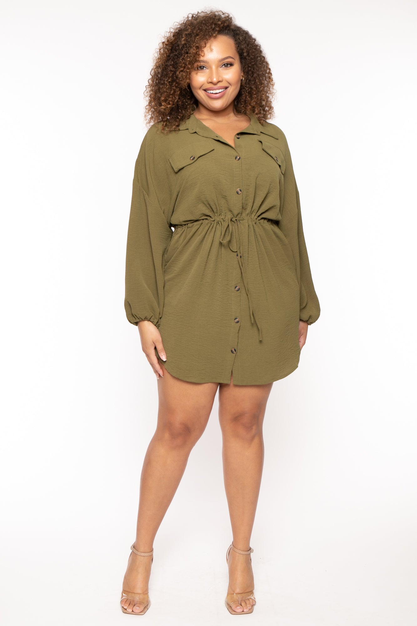 Plus Size Donnie Drawstring Shirt Dress - Olive S / Olive at Curvy Sense Plus Size Donnie Drawstring Shirt Dress - Olive S / Olive at Curvy Sense