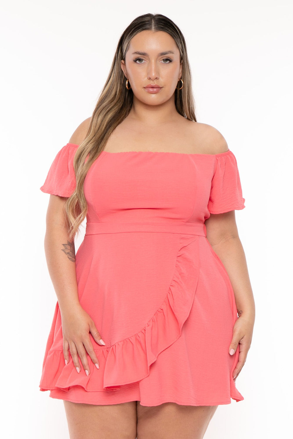 Curvy Sense Dresses Plus Size Ebrina Off The shoulder  Dress - Coral