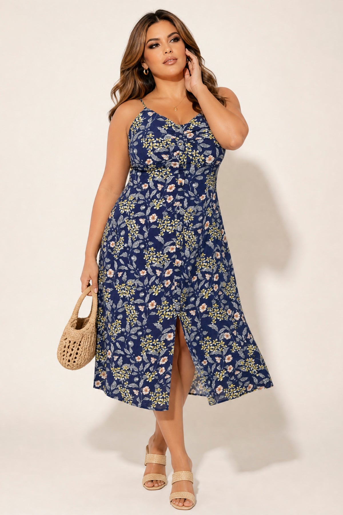Women's Plus Size Endless Bloom Slip Dress - Navy - Curvy Sense