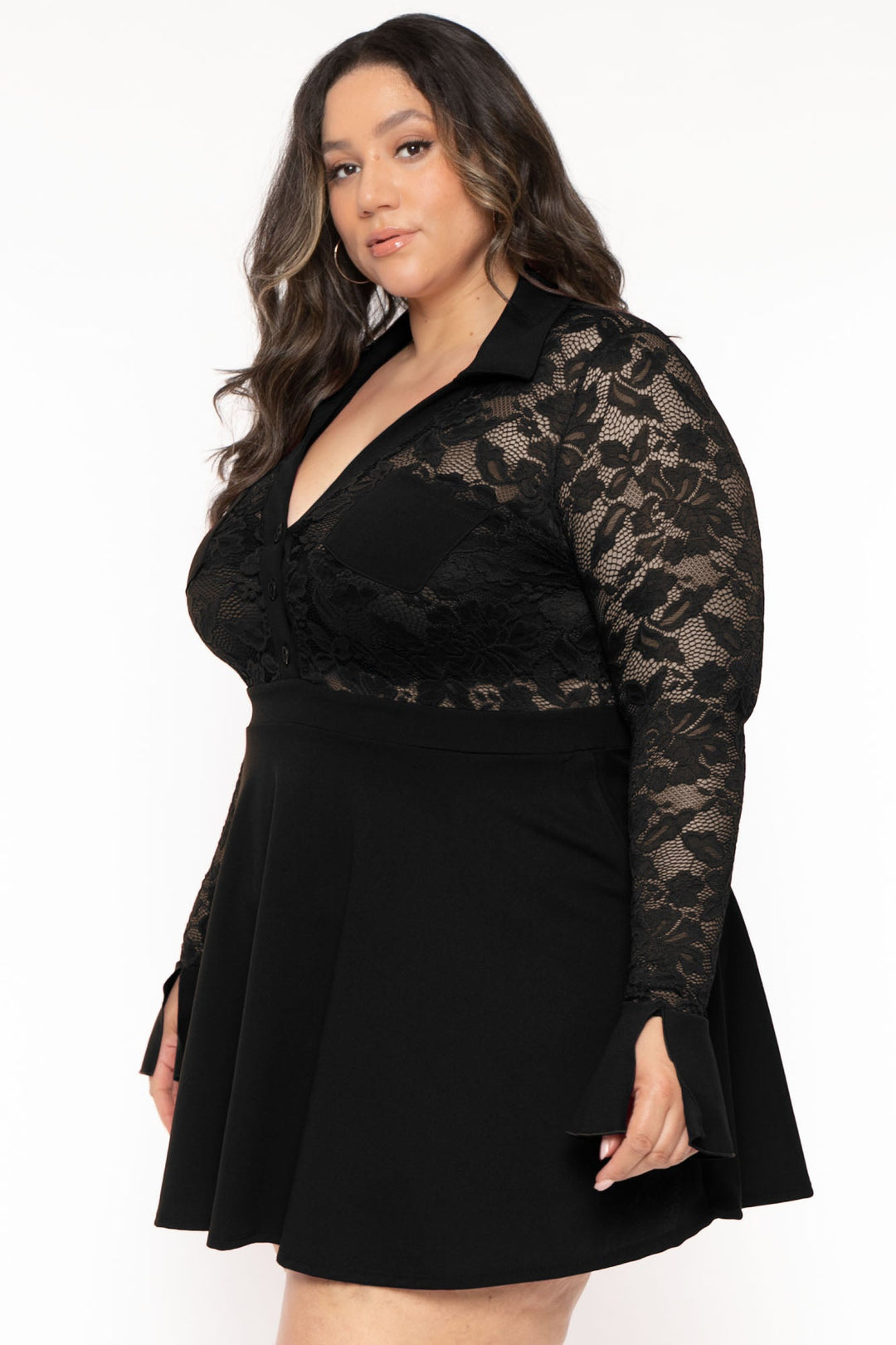 Curvy Sense Dresses Plus Size  Gamela Lace Flare Dress - Black