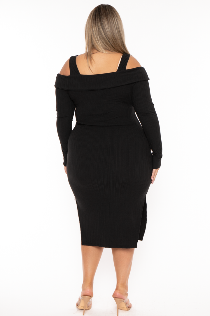 Curvy Sense Dresses Plus Size Irie  Cold Shoulder Midi Dress -Black