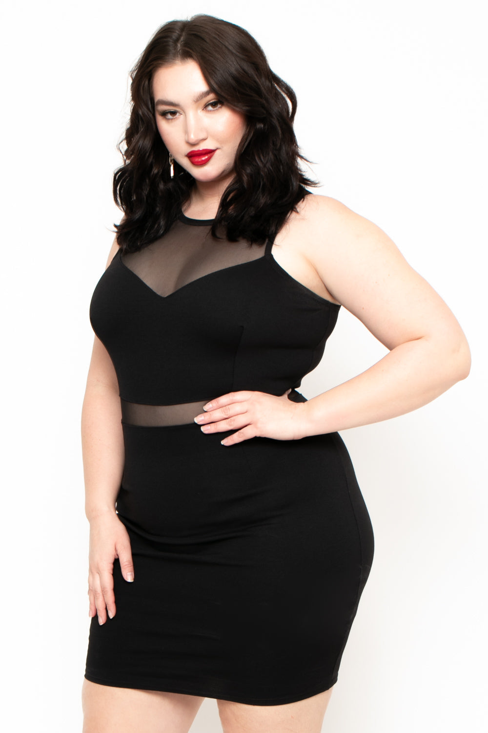 Curvy Sense Dresses Plus Size Mesh Contrast Dress - Black