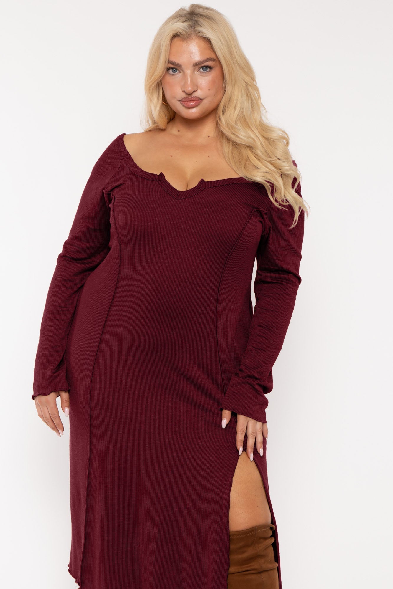 Plus Size Notch Neck Maxi Dress -Burgundy S / Burgundy at Curvy Sense