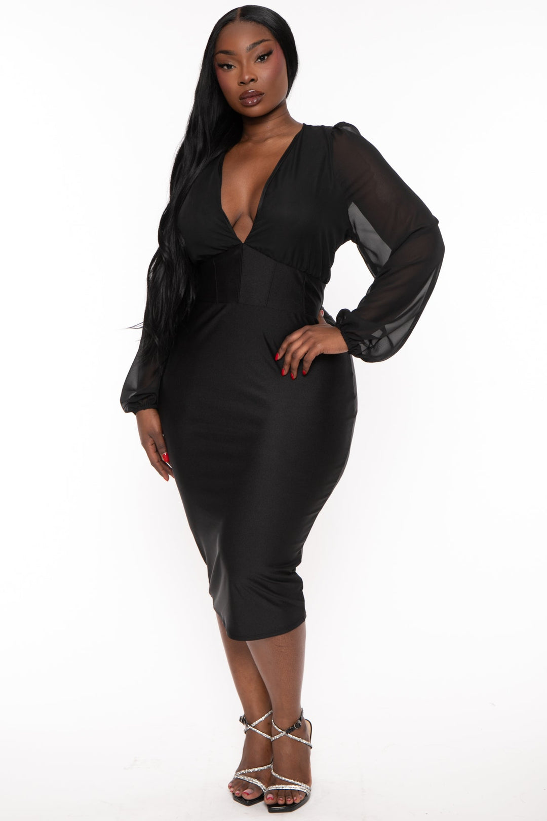 Curvy Sense Dresses 1X / Black Plus Size Priya Chiffon  Midi Dress -Black