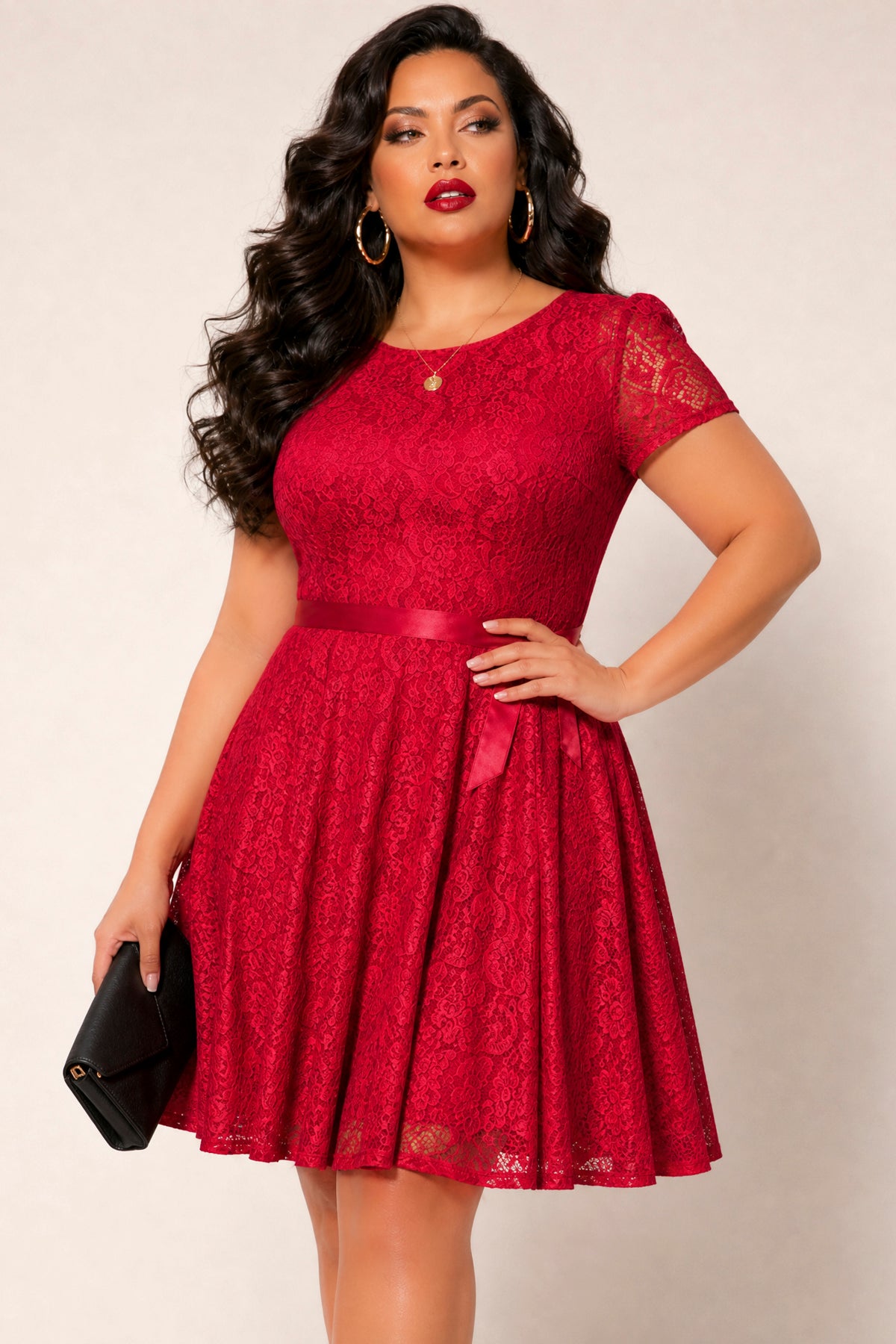 Women's Plus Size Rosette Charm Lace Dress - Red