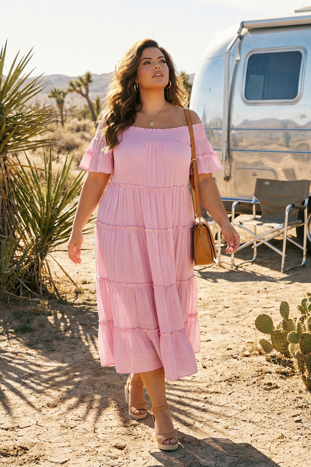 Plus Size Harley Smocked Midi Dress - Pink 2X / Pink at Curvy Sense Plus Size Harley Smocked Midi Dress - Pink 2X / Pink at Curvy Sense
