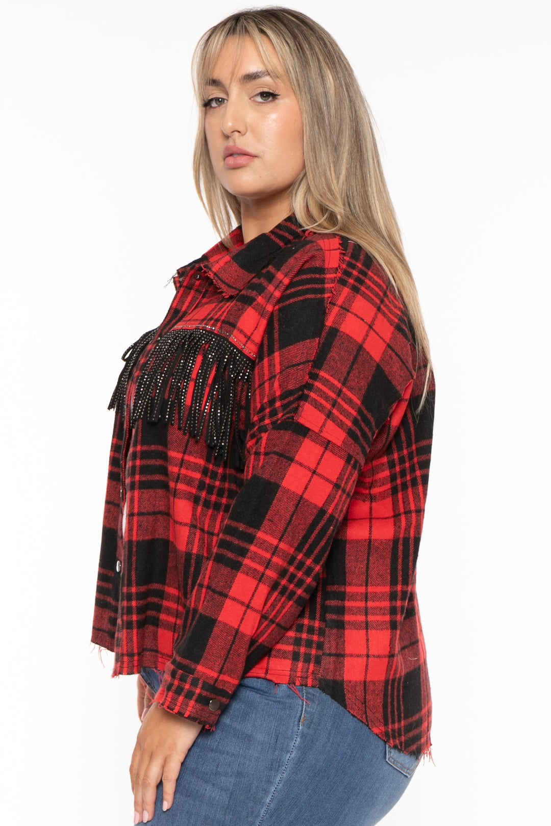 GEE GEE Jackets And Outerwear Plus Size Distress  Plaid Fringe  Jacket - Red