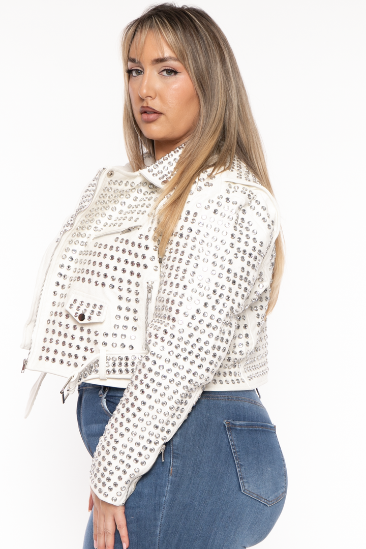 Azalea Wang Jackets And Outerwear Plus Size Keara Metallic Studded Moto Jacket- White