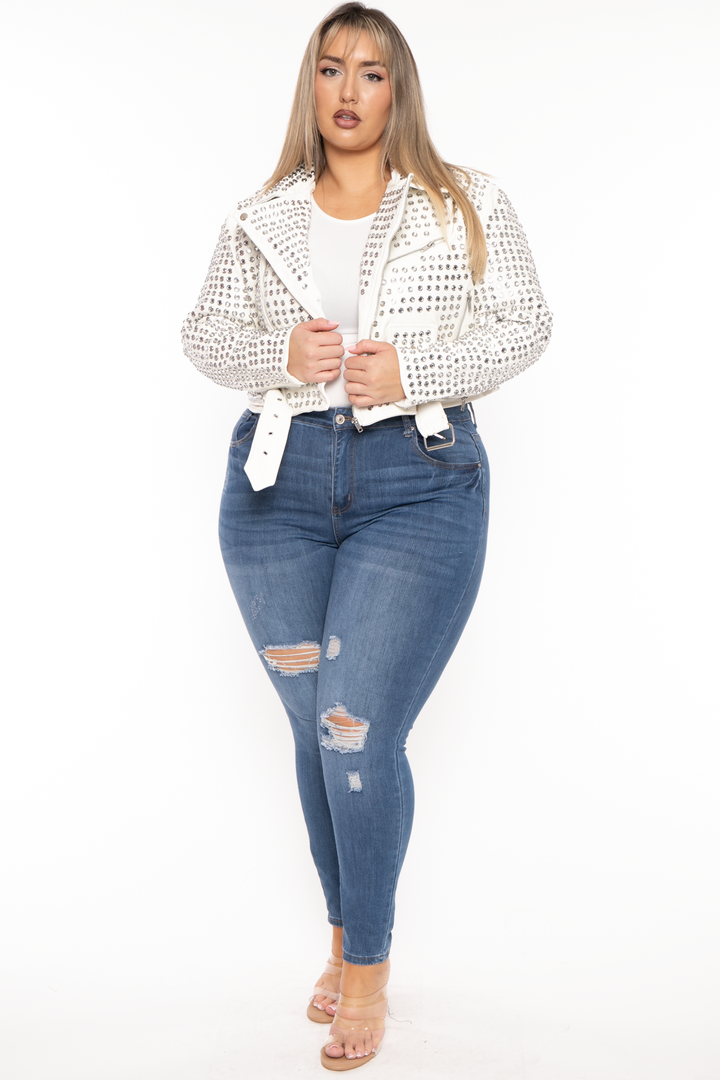 Azalea Wang Jackets And Outerwear Plus Size Keara Metallic Studded Moto Jacket- White