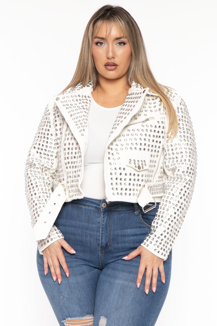 Azalea Wang Jackets And Outerwear 1X / White Plus Size Keara Metallic Studded Moto Jacket- White