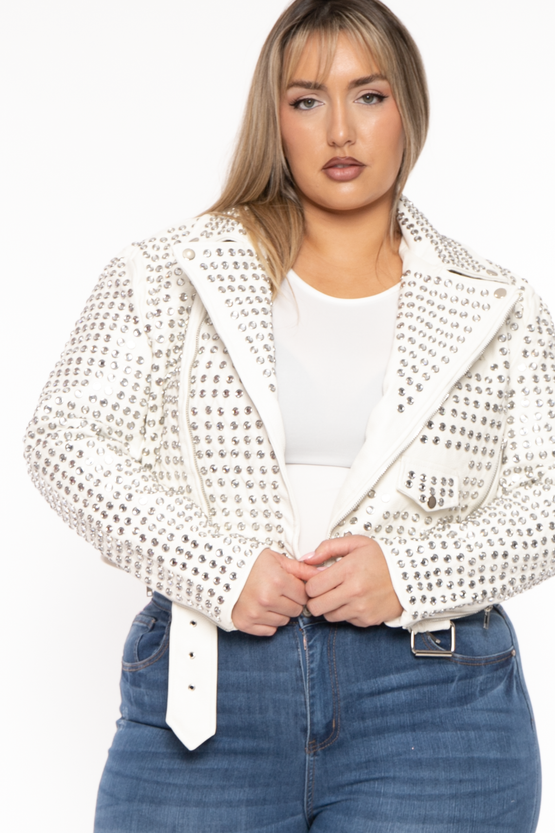 Azalea Wang Jackets And Outerwear Plus Size Keara Metallic Studded Moto Jacket- White