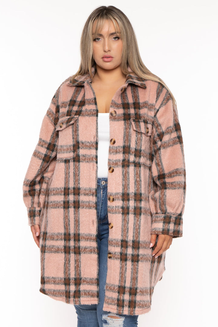 GEE GEE Jackets And Outerwear 1X / Mauve Plus Size Plaid Long Coat- Mauve