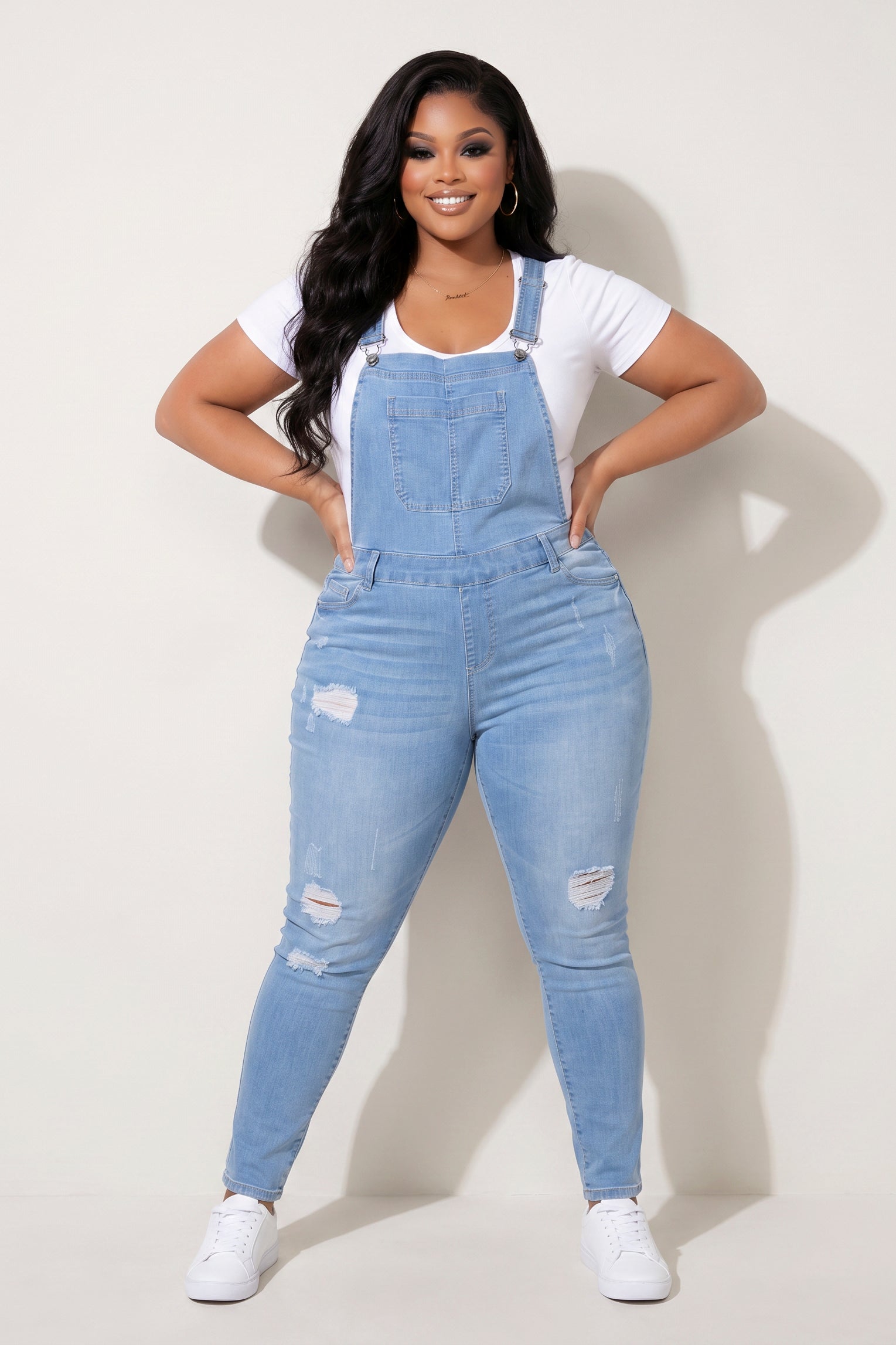 Plus Size WAX Distressed Denim Overalls in Light Wash Size: 2X