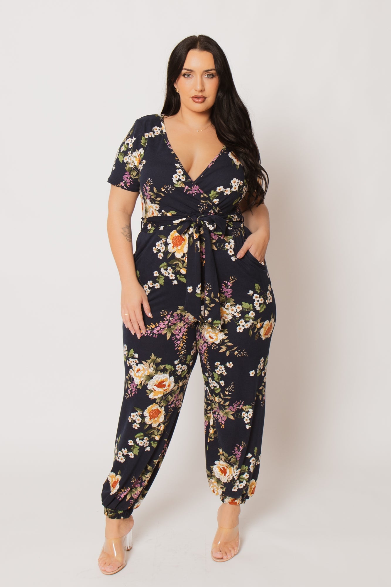 Women's Plus Size Captivating Bloom Jumpsuit - Navy - Curvy Sense