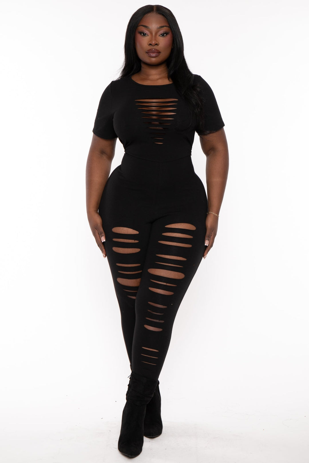 Curvy Sense Jumpsuits and Rompers Plus Size Lola  Distress Jumpsuit - Black