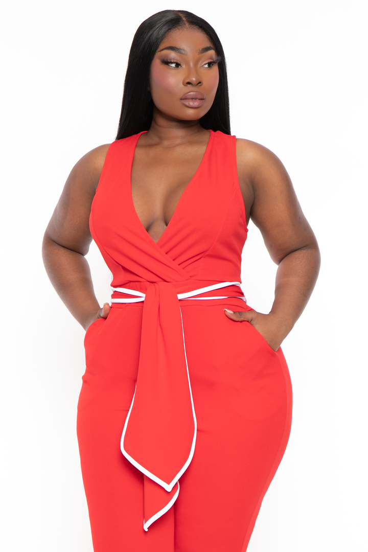 Curvy Sense Jumpsuits and Rompers Plus Size Marisa Front Tie Jumpsuit- Red