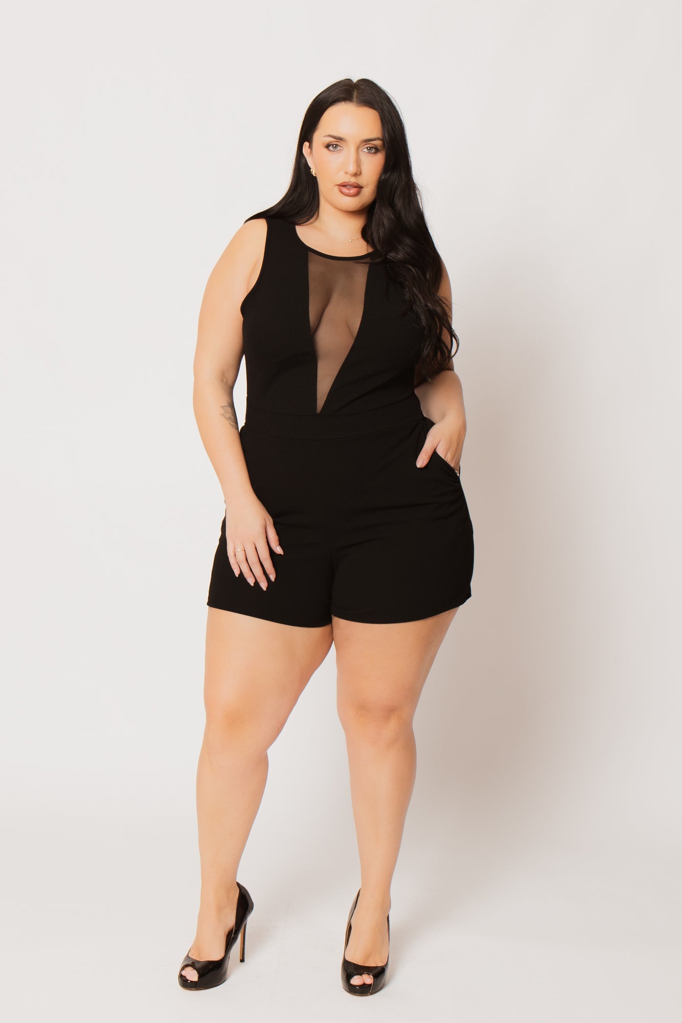 Women's Plus Size Nicki Mesh Romper - Black - Curvy Sense