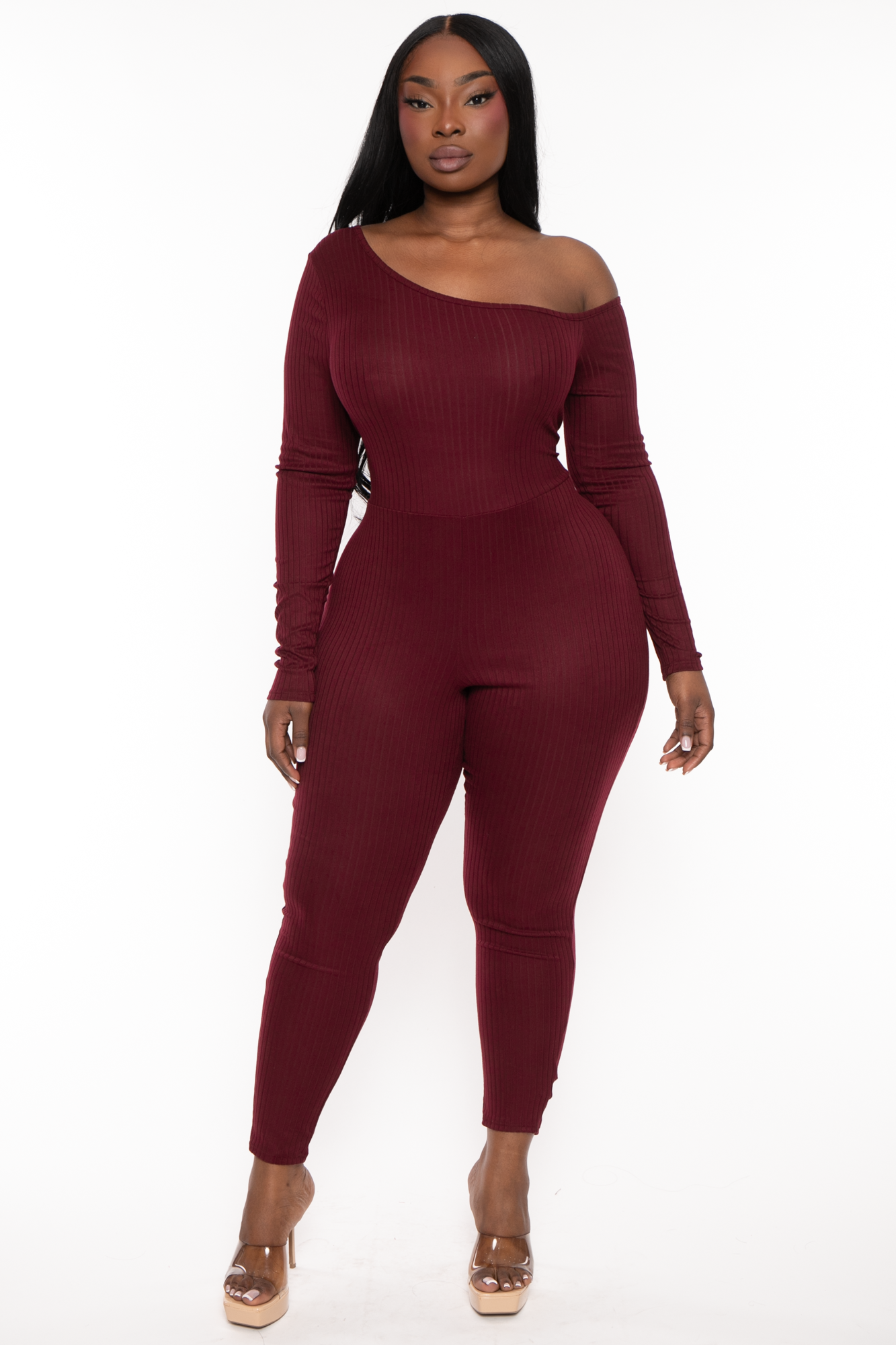 Plus Size Raiden Ribbed Jumpsuit Burgundy 2x Burgundy at Curvy Sense