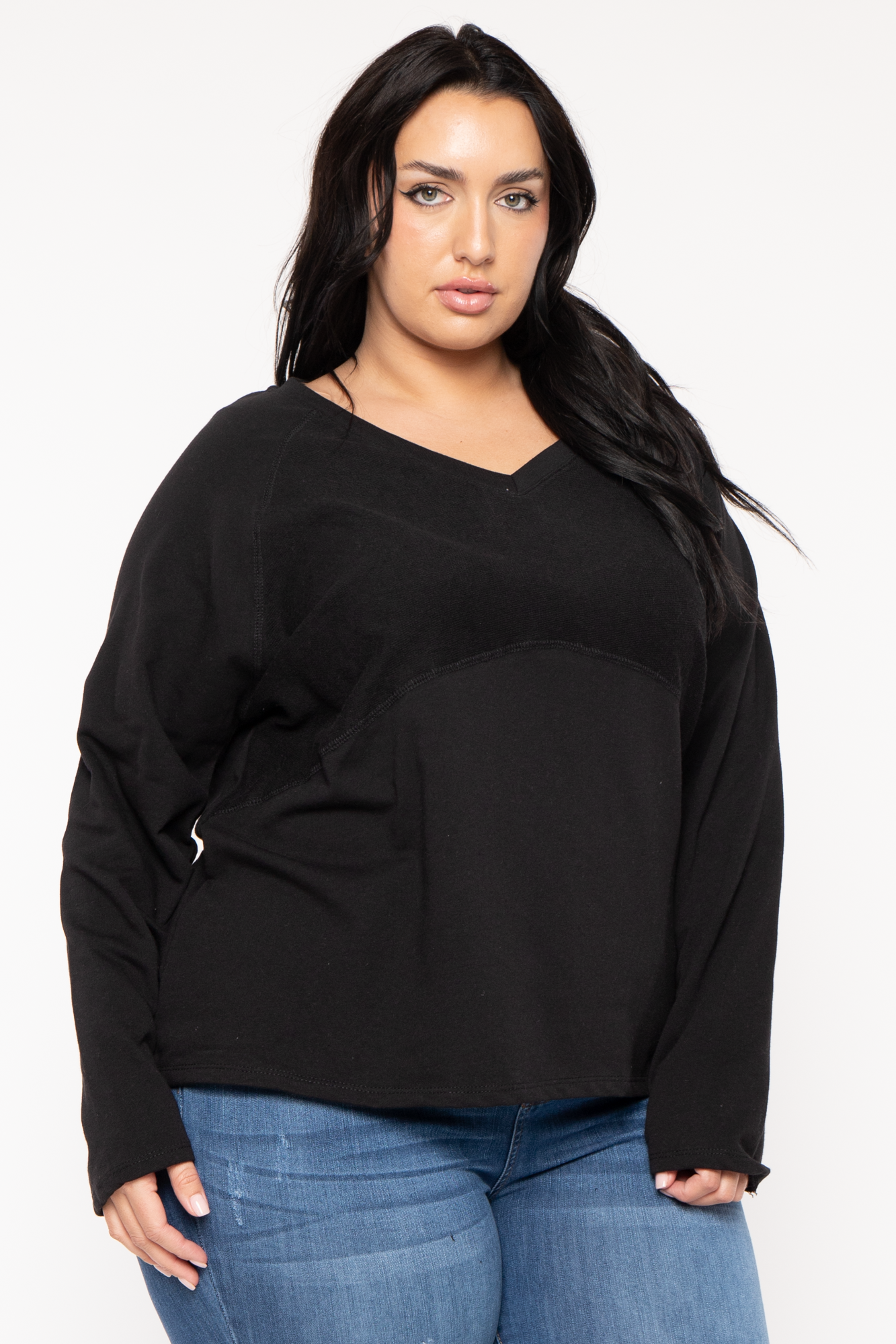Women's Plus Size Raglan Boxy Sweater - Black - Curvy Sense