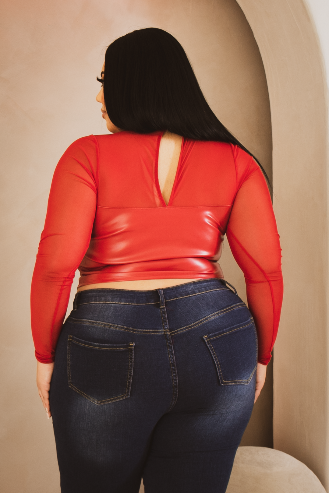 Curvy Sense Tops Plus Size Alani Faux Leather  Top- Red