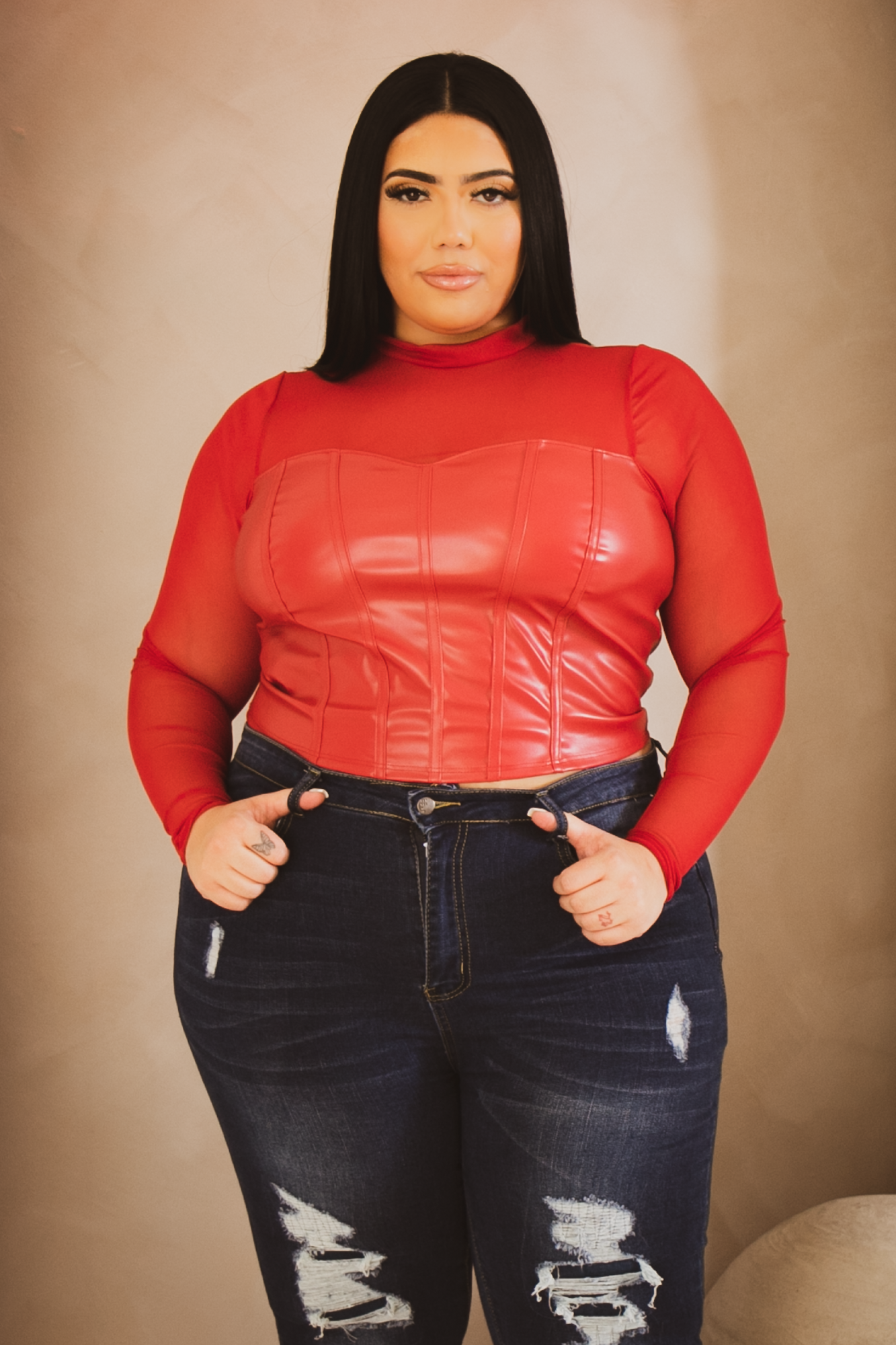 Plus Size Alani Faux Leather Top- Red
