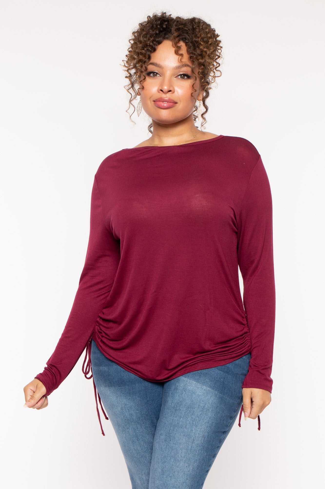 Women's Plus Size Annie Casual Ruched Top Burgundy Curvy Sense