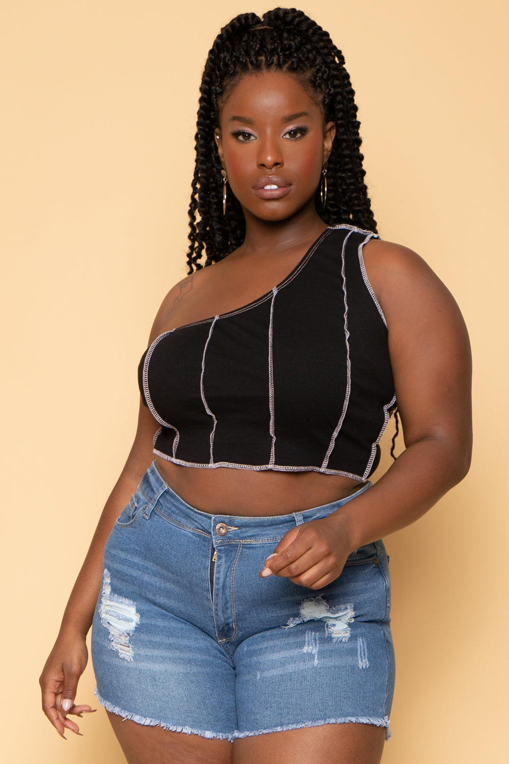 Plus Size Contrast Stitch Crop Top Black1