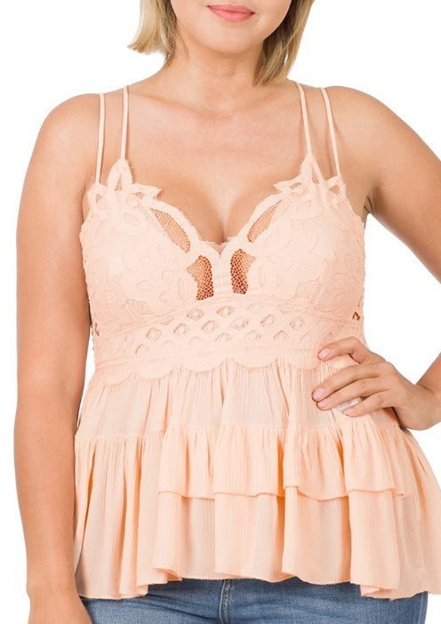 Mad Fit Tops 1X / Blush Plus Size Crochet Lace Cami ruffle top- Blush