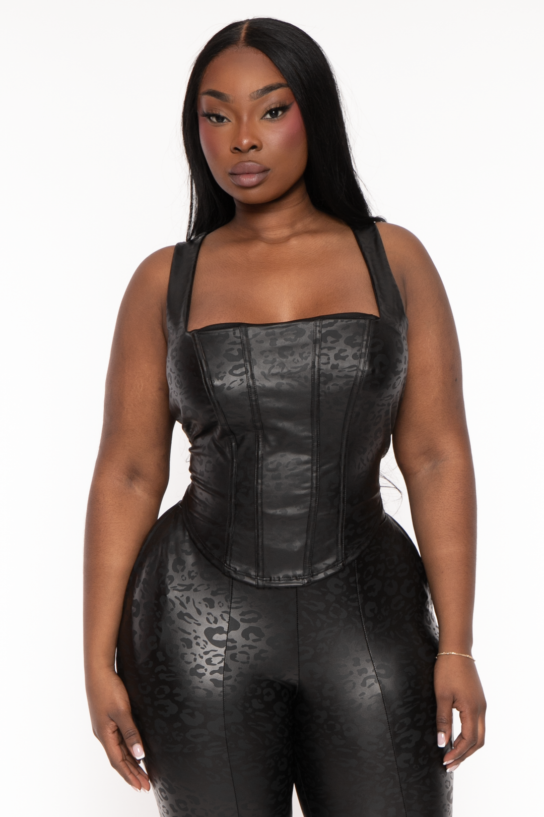 Curvy Sense Tops 1X / Black Plus Size Ena Vegan Leather Corset Top - Black