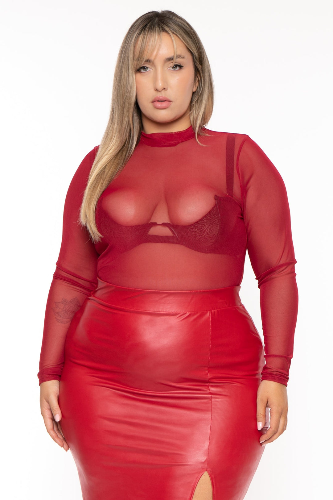 Curvy Sense Tops 1X / Red Plus Size Galene Mesh Bodysuit- Red
