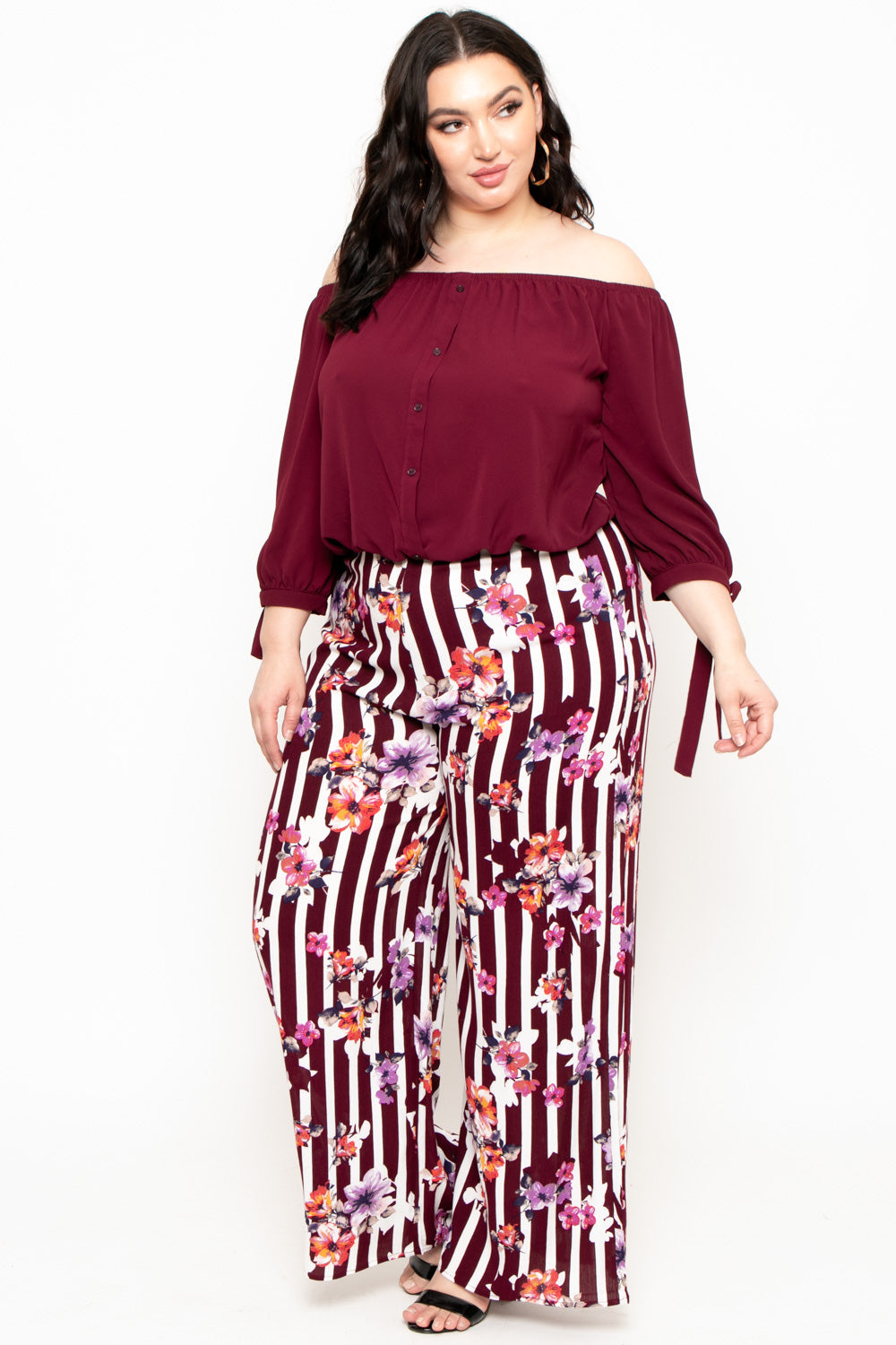 Plus Size Contrast Ruffled Wide Leg Pants main image 1