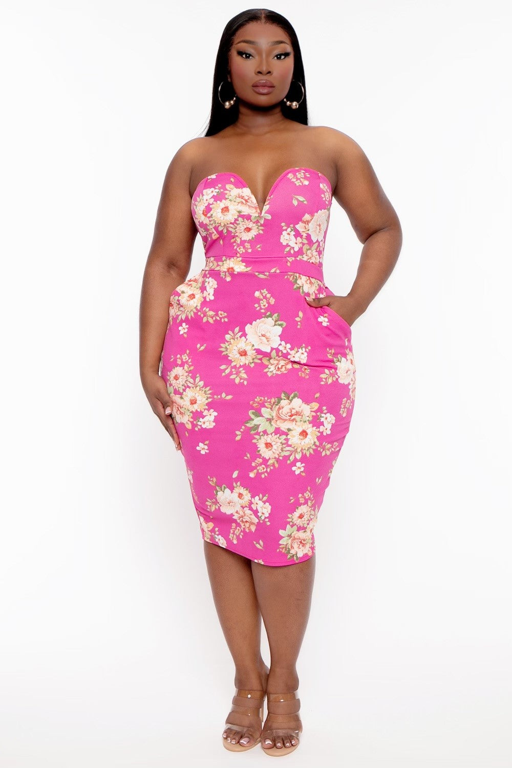 Women's Plus Size Floral Print Bodycon Dress - Hot Pink - Curvy Sense Women's Plus Size Floral Print Bodycon Dress - Hot Pink - Curvy Sense